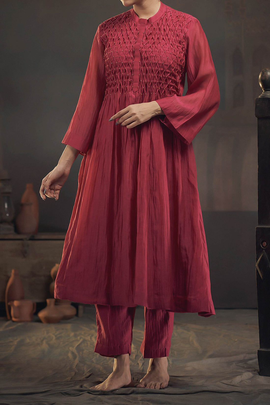 Shop Hirika &amp; Dhruti Maroon Chanderi Smocked Gathered Kurta And Pant Set For Kids at Aza Fashions