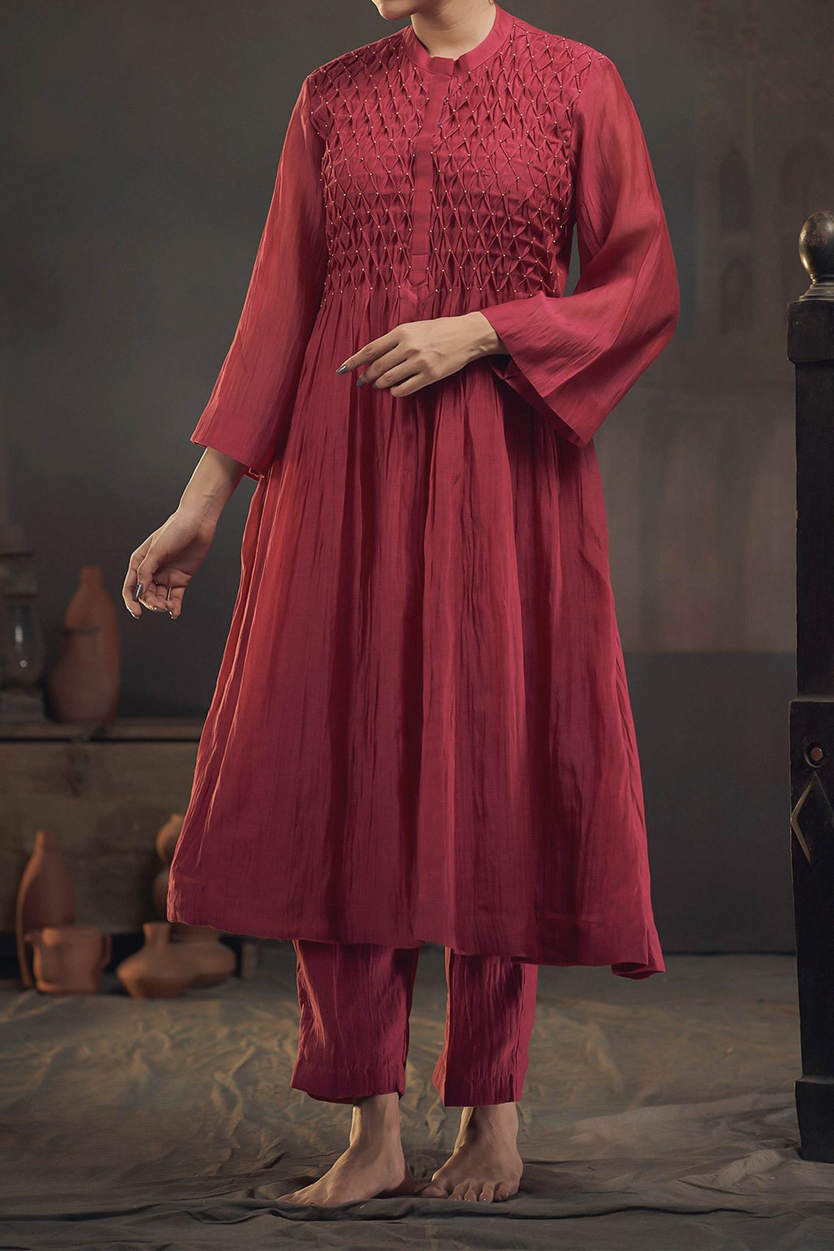 Shop Hirika &amp; Dhruti Maroon Chanderi Smocked Gathered Kurta And Pant Set For Kids at Aza Fashions