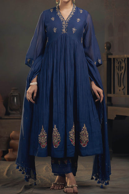 Shop Hirika &amp; Dhruti Blue Chanderi Floral, Marodi Embroidered Anarkali Set For Kids at Aza Fashions