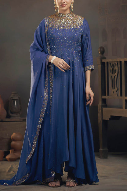 Shop Hirika &amp; Dhruti Blue Churidar Lycra, Dupatta Organza, Anarkali Chinnon Embroidered Set For Kids at Aza Fashions