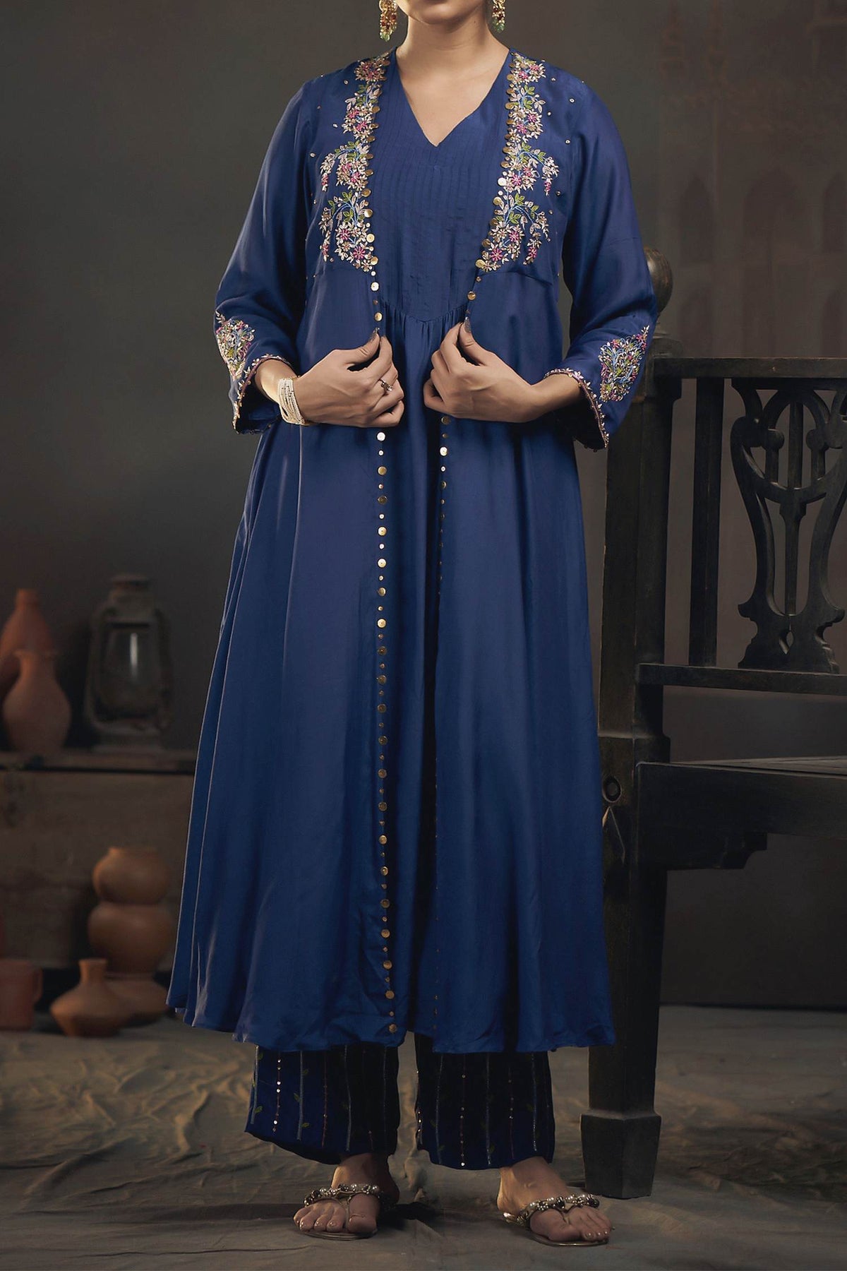 Shop Hirika &amp; Dhruti Blue Cotton Silk Floral, Sequins, Thread Embroidered Jacket Kurta And Pant Set For Kids at Aza Fashions