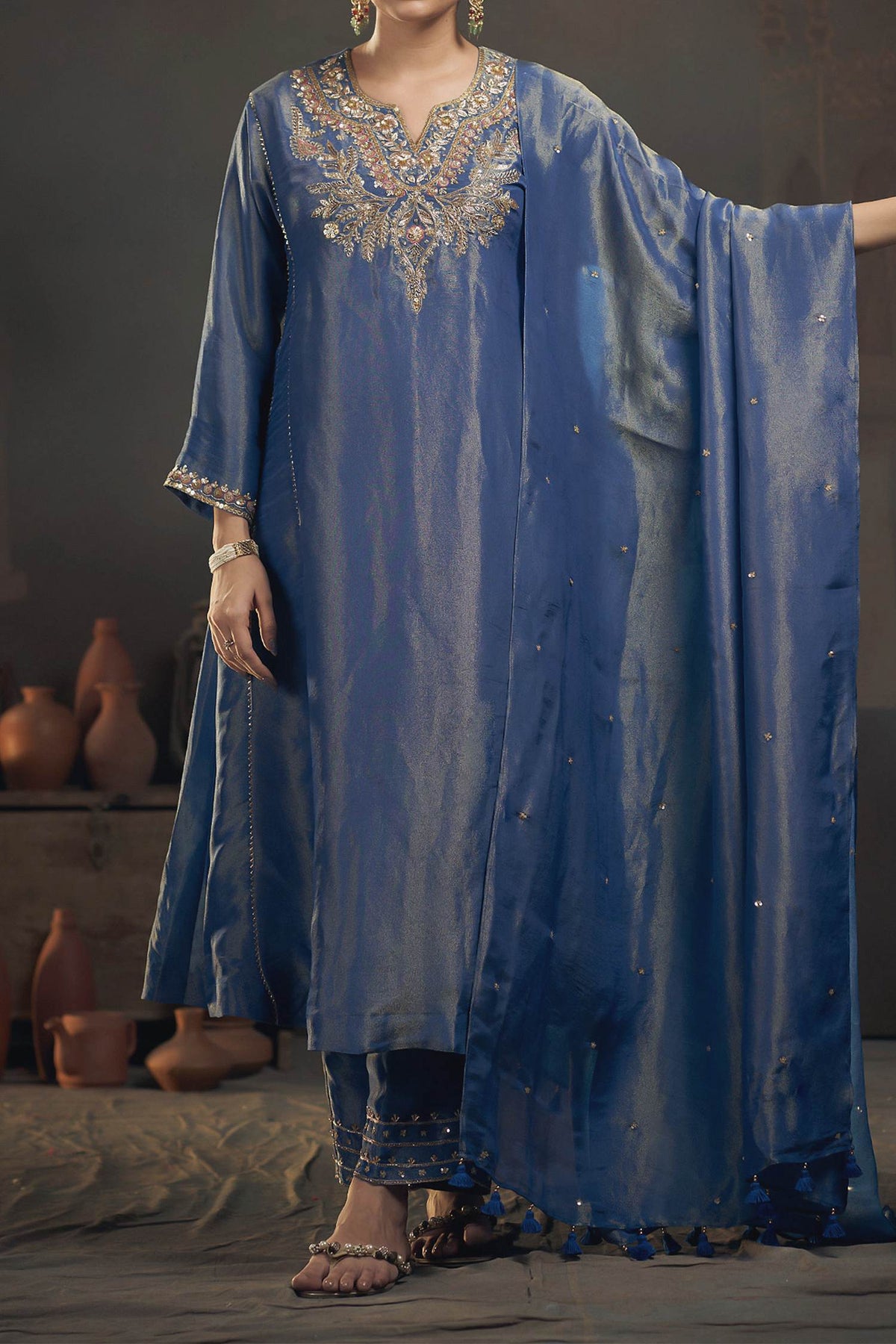 Shop Hirika &amp; Dhruti Blue Tissue Zardozi Embroidered Kurta Pant Set For Kids at Aza Fashions
