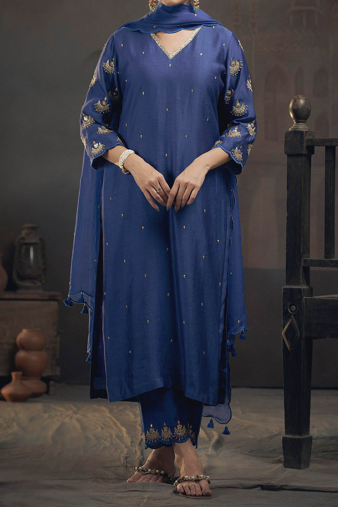 Shop Hirika &amp; Dhruti Blue Dupatta Organza, Kurta Silk Chanderi, Pant Embroidered Straight Set For Kids at Aza Fashions