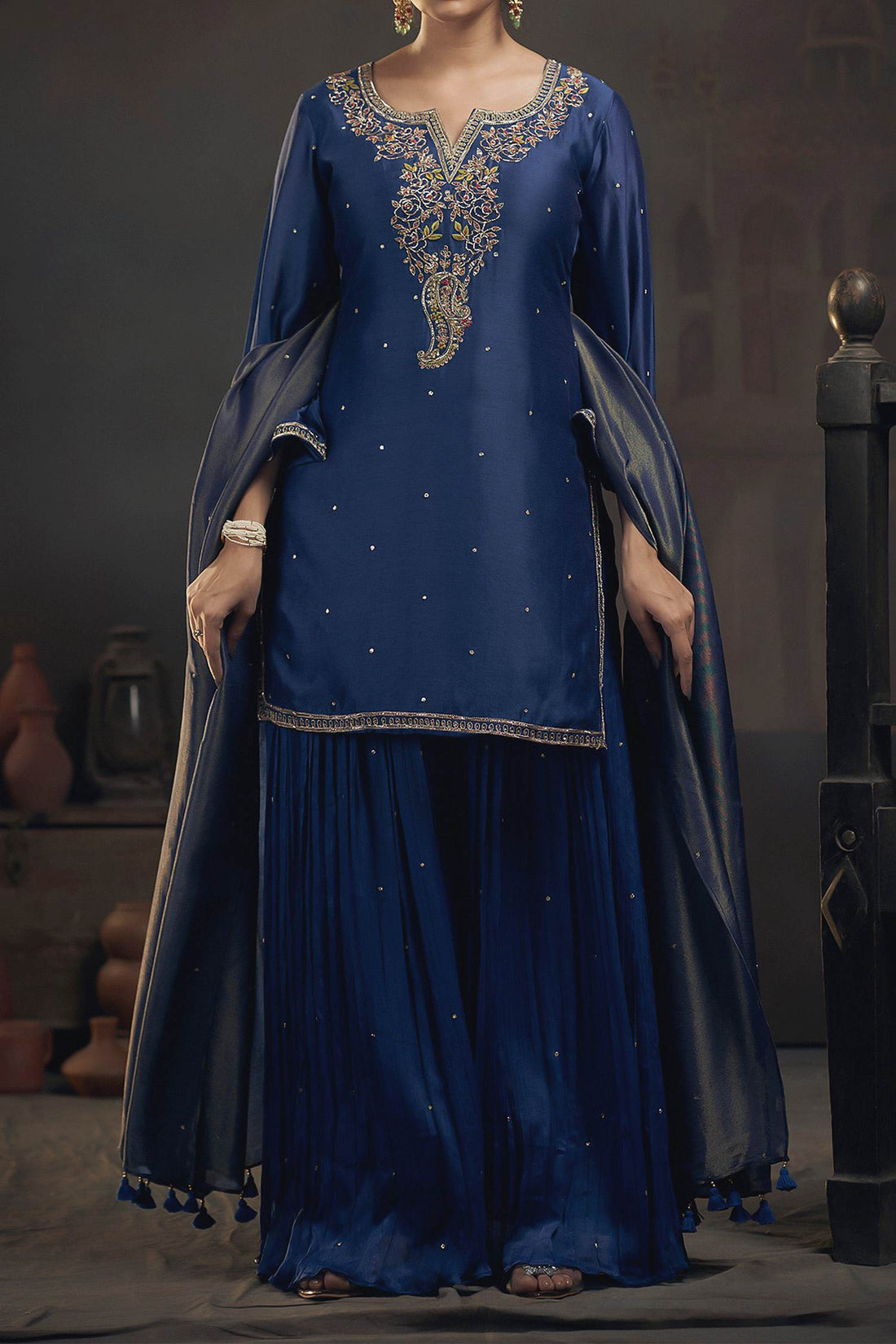 Shop Hirika &amp; Dhruti Blue Tissue Pita, Rose Embroidered Kurta Sharara Set For Kids at Aza Fashions