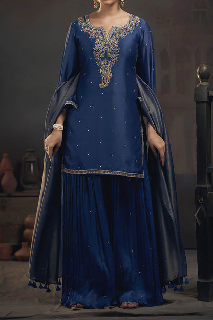 Shop Hirika &amp; Dhruti Blue Tissue Pita, Rose Embroidered Kurta Sharara Set For Kids at Aza Fashions