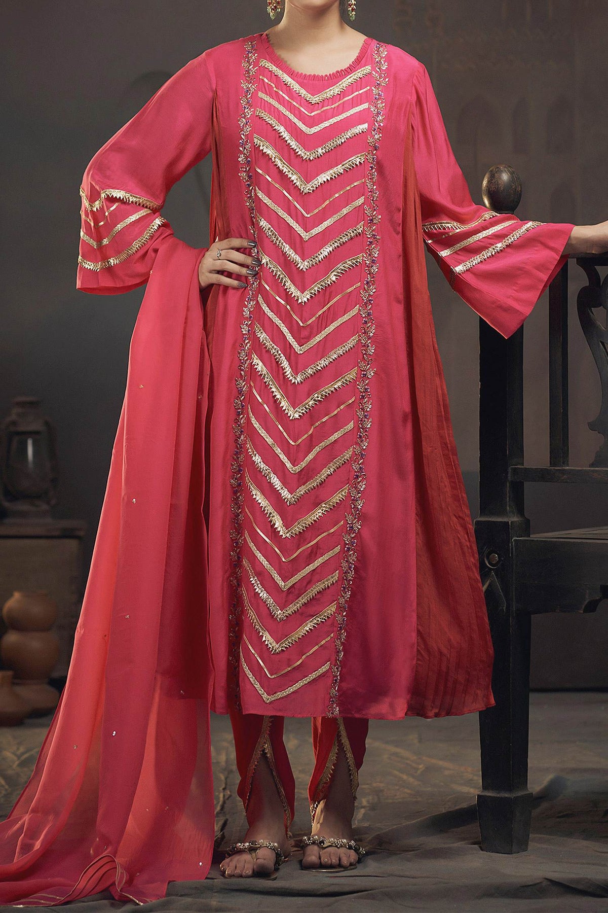 Shop Hirika &amp; Dhruti Pink Organza, Cotton Silk Gota Work Kurta Dhoti Pant Set For Kids at Aza Fashions