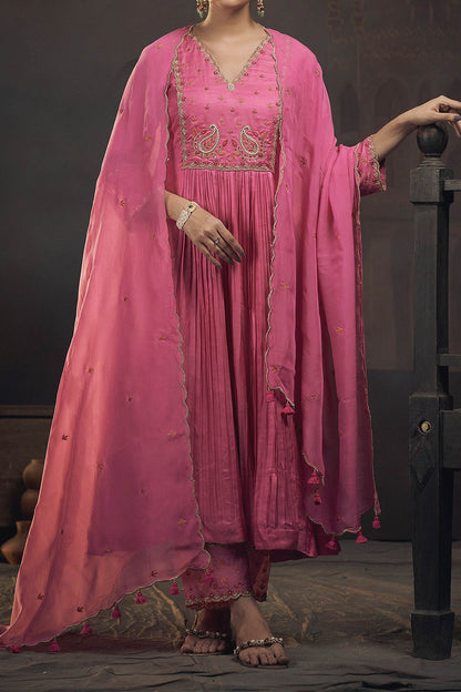 Shop Hirika &amp; Dhruti Pink Dupatta Organza, Pant Cotton, Kurta Gajji Silk Embroidered Pleated Set For Kids at Aza Fashions