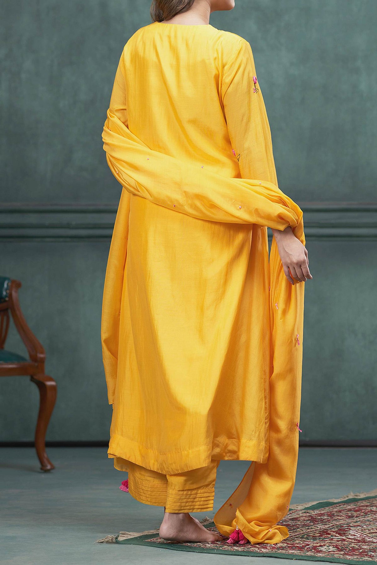 Shop Hirika &amp; Dhruti Yellow Dupatta Organza, Kurta And Pant Cotton Silk Hand Embroidered A-line Set For Kids at Aza Fashions