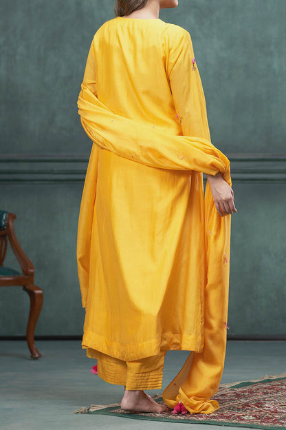 Shop Hirika &amp; Dhruti Yellow Dupatta Organza, Kurta And Pant Cotton Silk Hand Embroidered A-line Set For Kids at Aza Fashions