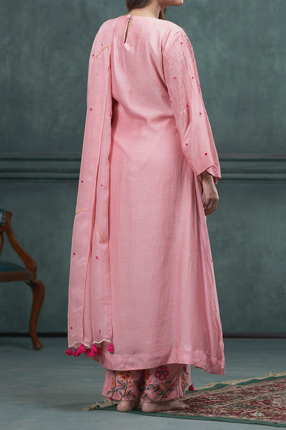 Shop Hirika &amp; Dhruti Pink Dupatta Organza, Kurta And Pant Cotton Silk Hand Embroidered A-line Set For Kids at Aza Fashions