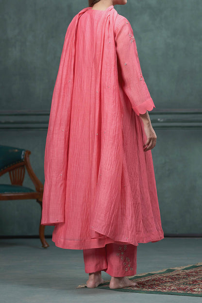 Shop Hirika &amp; Dhruti Peach Chanderi Flower, Knots Hand Embroidered A-line Kurta Set For Kids at Aza Fashions
