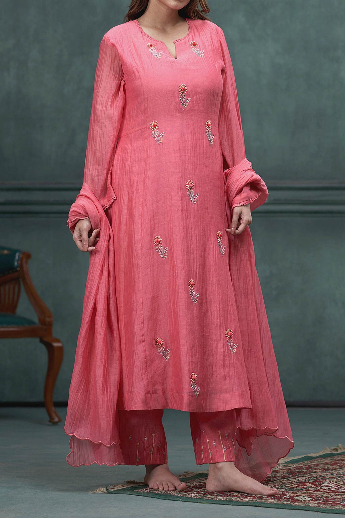 Shop Hirika &amp; Dhruti Peach Chanderi Pearl, Thread, Flower Butti Hand Embroidered A-line Kurta Set For Kids at Aza Fashions