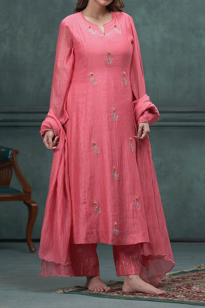 Shop Hirika &amp; Dhruti Peach Chanderi Pearl, Thread, Flower Butti Hand Embroidered A-line Kurta Set For Kids at Aza Fashions