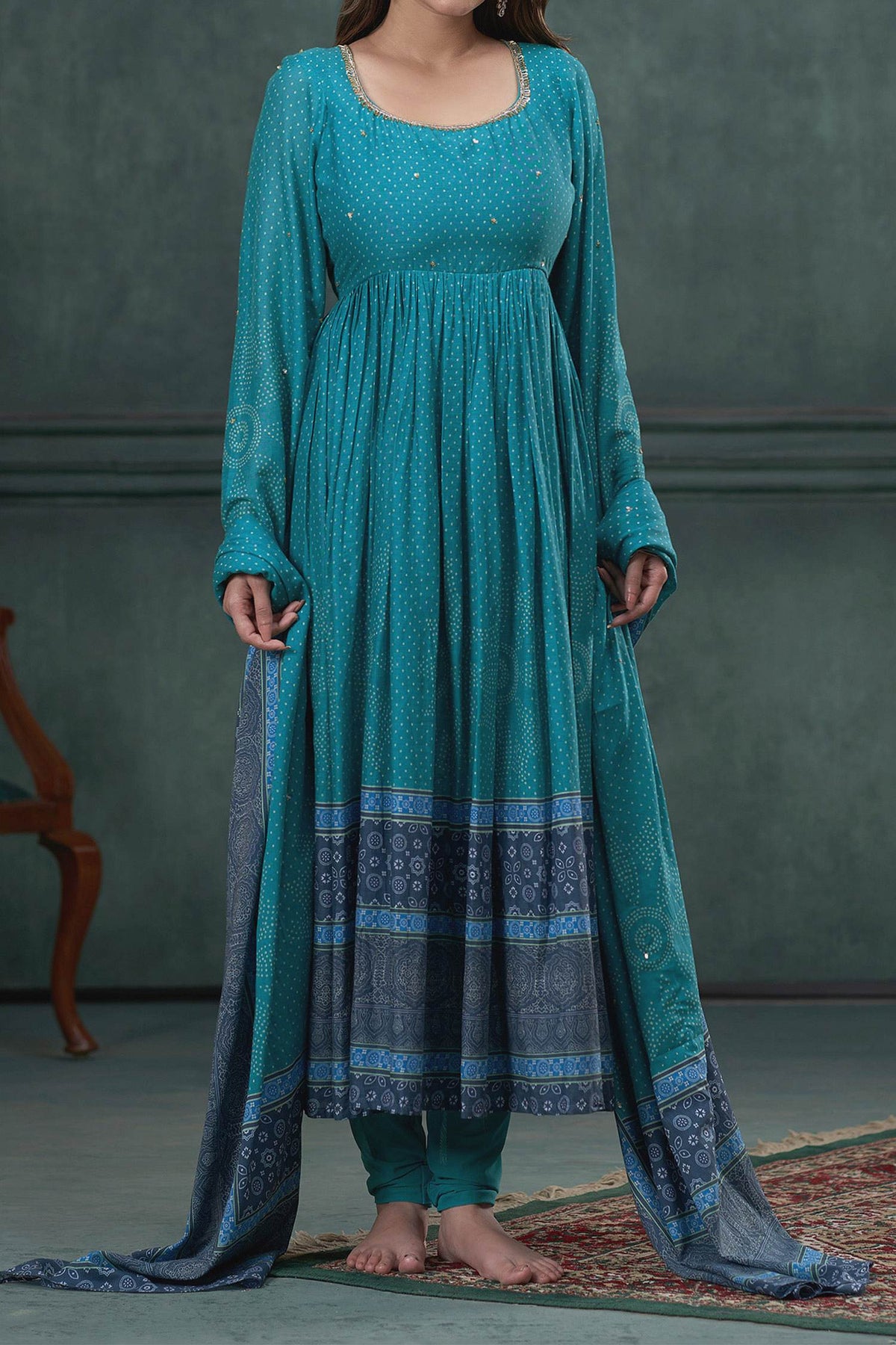 Shop Hirika &amp; Dhruti Blue Churidar Lycra Stretch, Anarkali And Dupatta Cotton Print Set For Kids at Aza Fashions