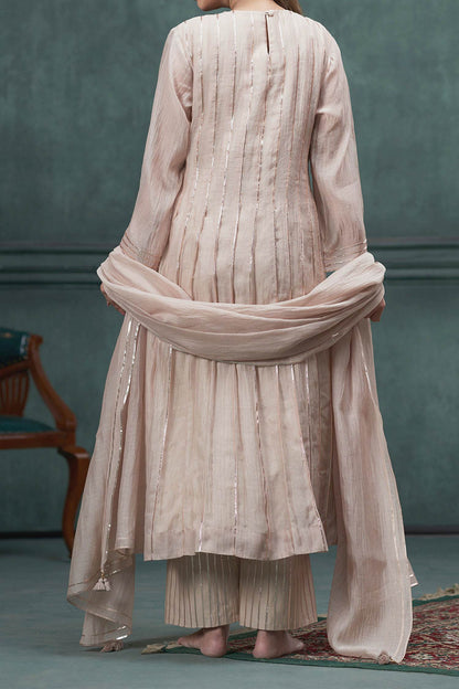 Shop Hirika &amp; Dhruti Beige Chanderi Gota Lace Hand Embroidered Kurta Set For Kids at Aza Fashions
