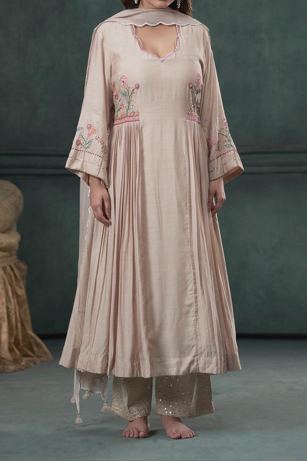 Shop Hirika &amp; Dhruti Beige Dupatta Chanderi, Pant Cotton, Thread Hand Embroidered A-line Set For Kids at Aza Fashions