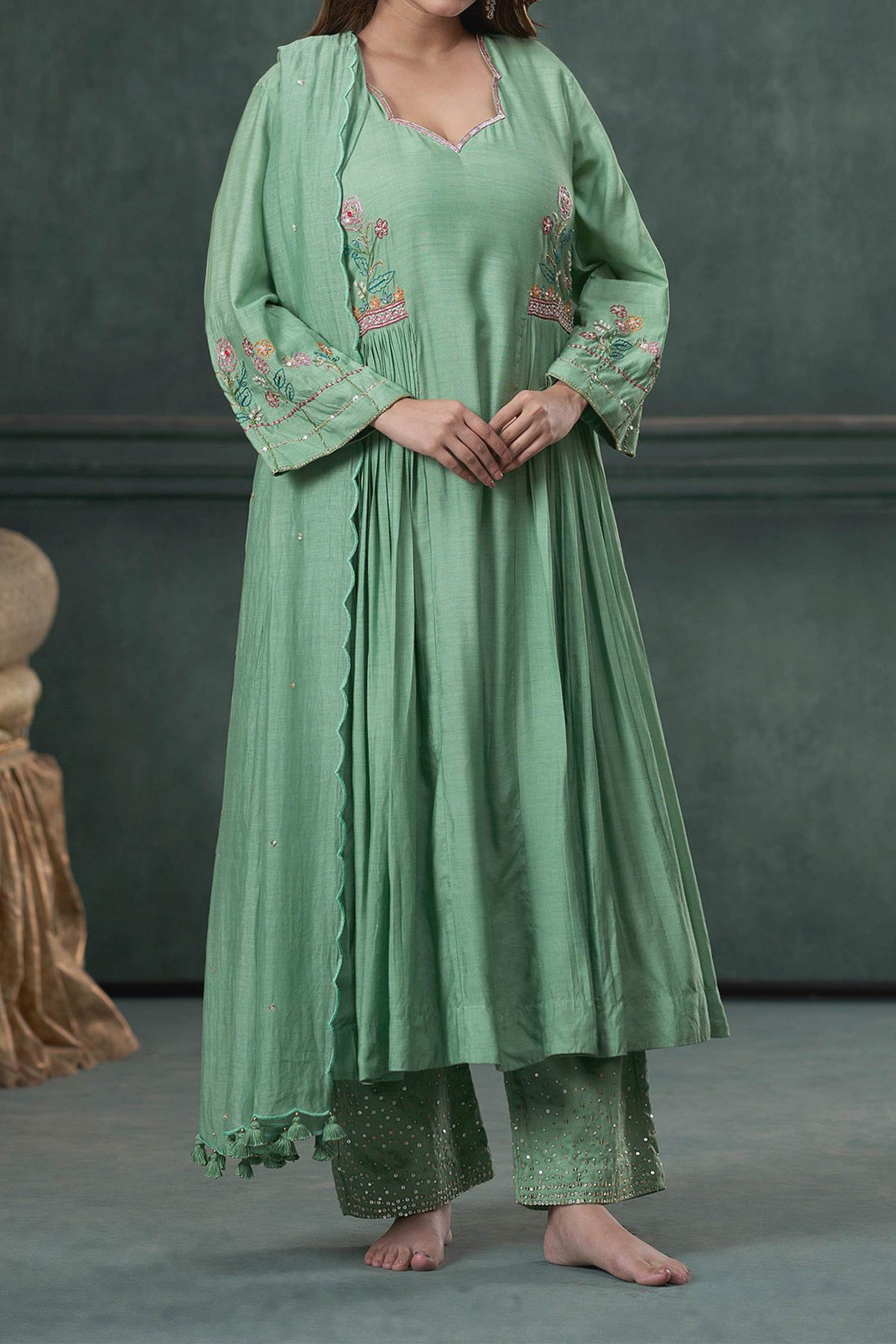 Shop Hirika &amp; Dhruti Green Dupatta Chanderi, Pant Cotton, Thread Hand Embroidered Gathered Set For Kids at Aza Fashions