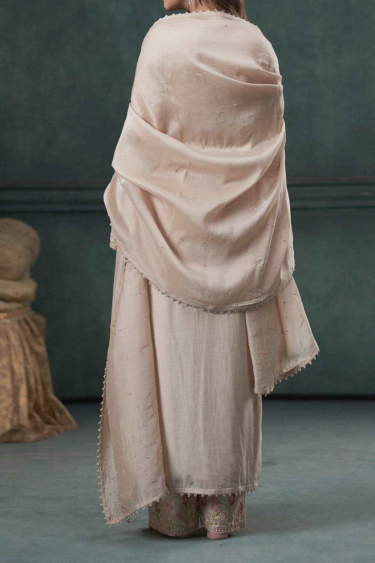 Shop Hirika &amp; Dhruti Beige Dupatta Organza , Kurta And Pant Monga Hand Embroidered Set For Kids at Aza Fashions