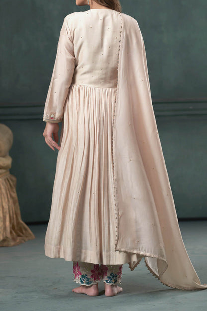 Shop Hirika &amp; Dhruti Beige Dupatta Organza Silk, Pant Cotton, Hand Embroidered Pleated Set For Kids at Aza Fashions