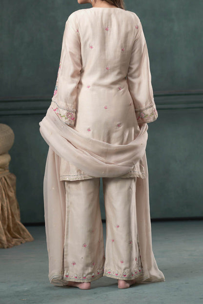 Shop Hirika &amp; Dhruti Beige Kurta And Pant Chiniya Silk, Dupatta Hand Embroidered Short Set For Kids at Aza Fashions