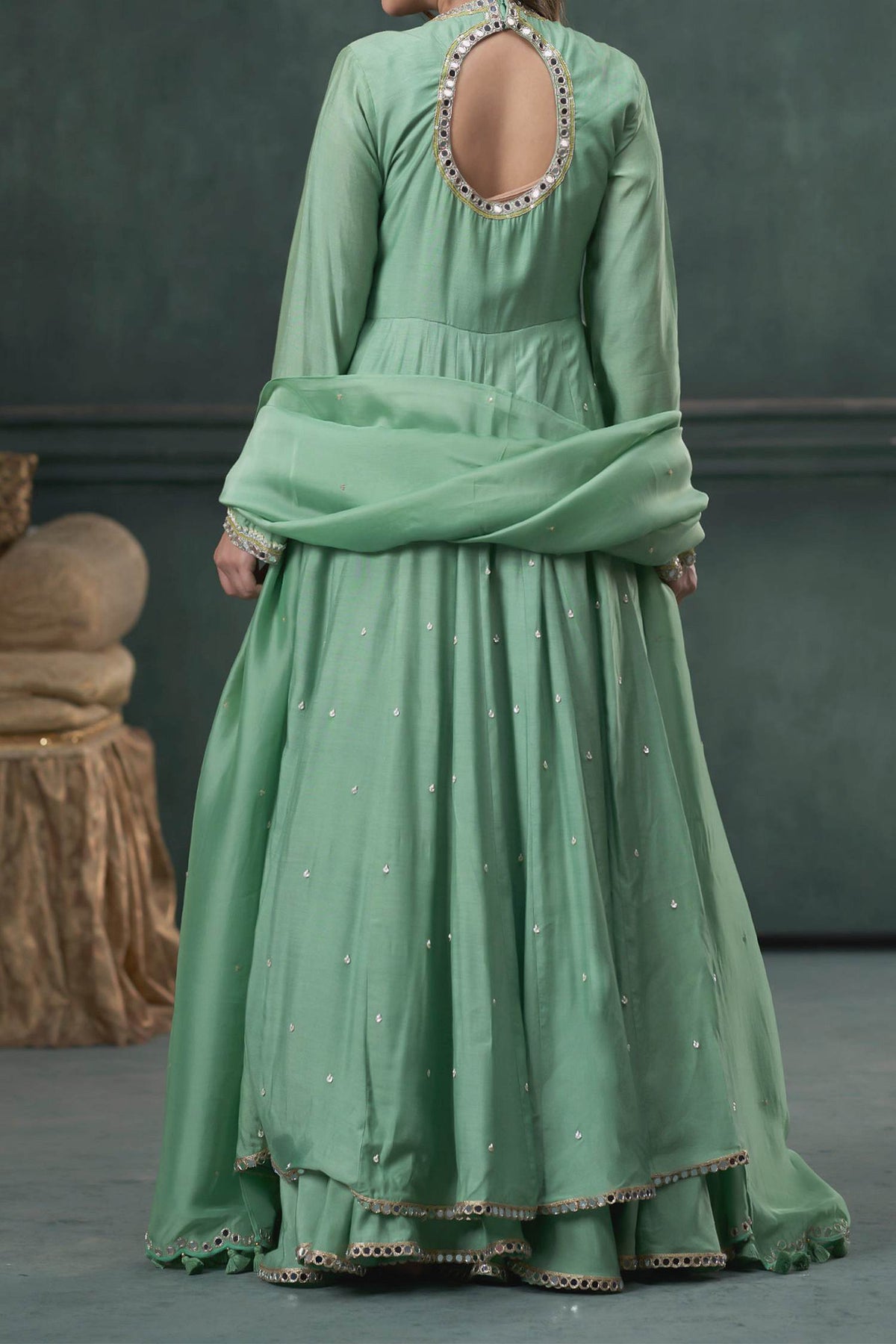 Shop Hirika &amp; Dhruti Green Dupatta Organza Silk, Anarkali And Sharara Monga Hand Embroidered Set For Kids at Aza Fashions