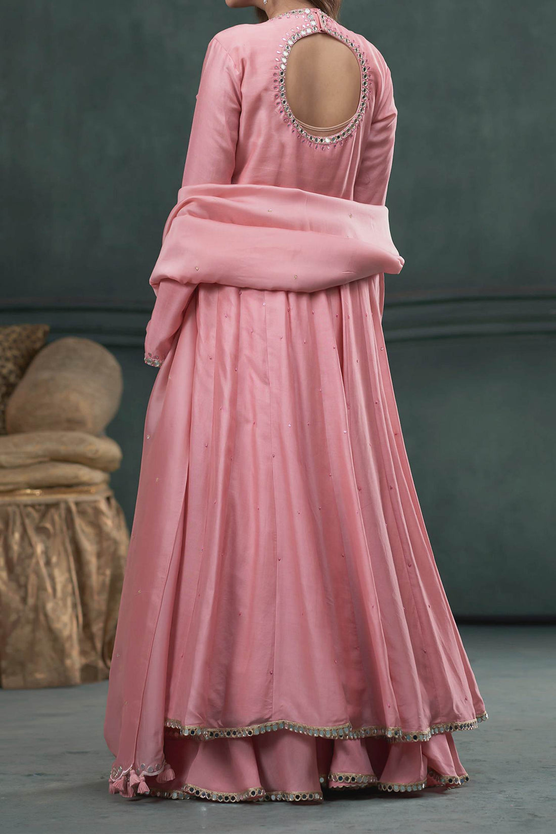 Shop Hirika &amp; Dhruti Pink Dupatta Organza Silk, Anarkali And Sharara Monga Hand Embroidered &amp; Set For Kids at Aza Fashions