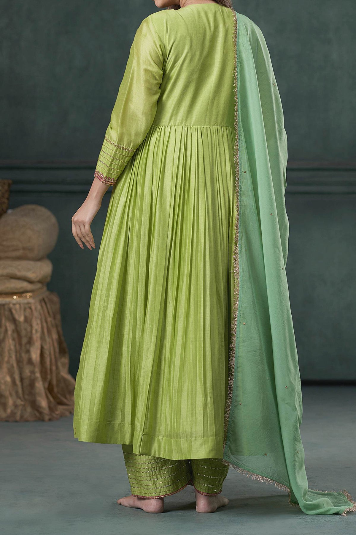 Hirika &amp; Dhruti Green Anarkali And Pant Silk, Dupatta Organza Floral, Hand Embroidered Set For Kids