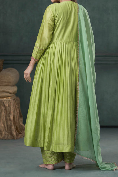 Hirika &amp; Dhruti Green Anarkali And Pant Silk, Dupatta Organza Floral, Hand Embroidered Set For Kids