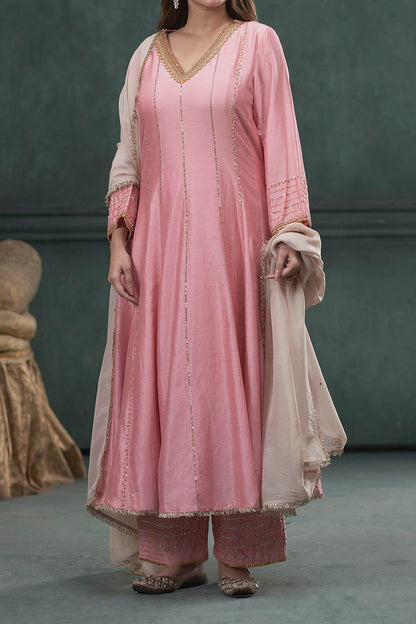 Shop Hirika &amp; Dhruti Pink Anarkali And Pant Silk, Dupatta Organza Sequin Embroidered Set For Kids at Aza Fashions
