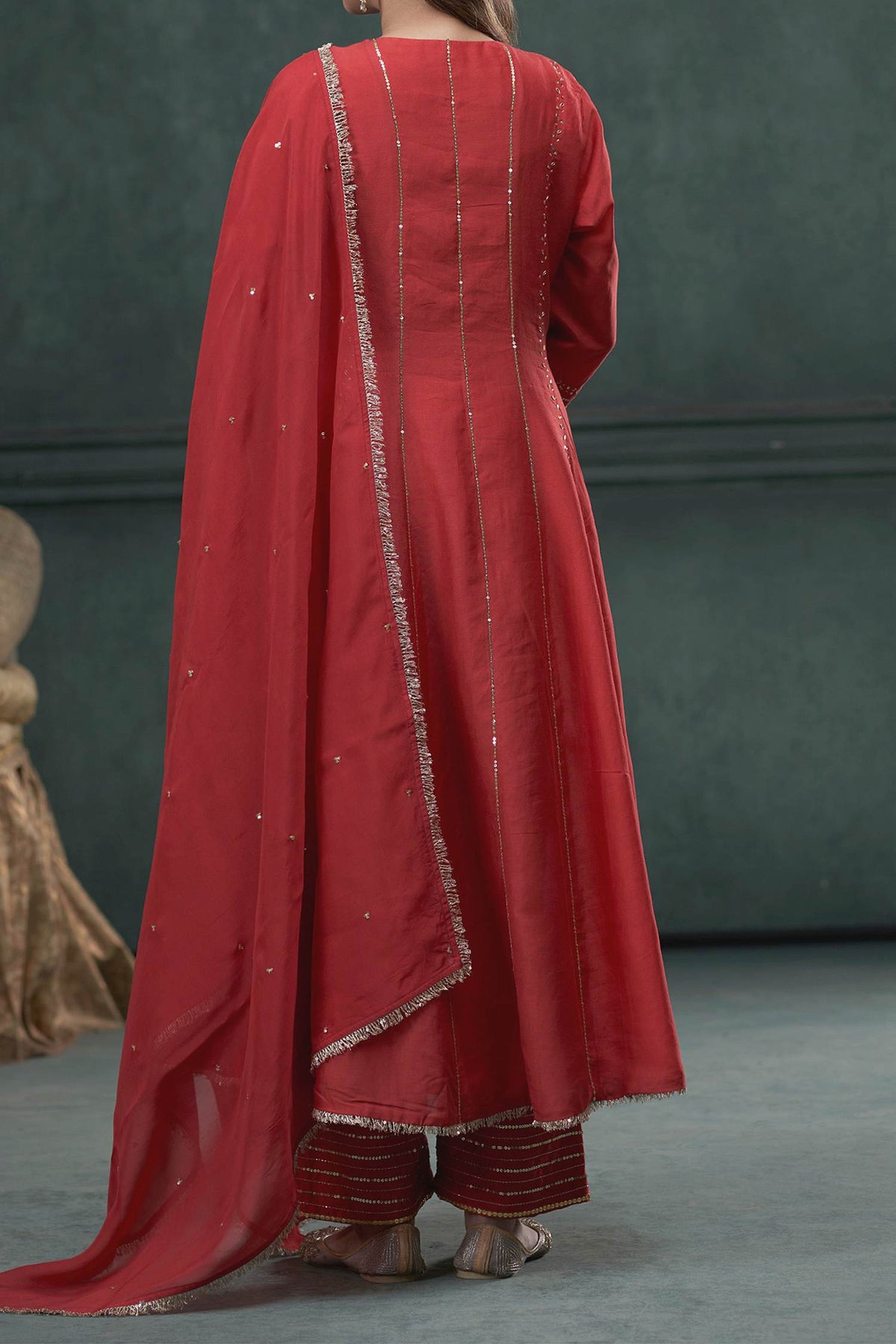 Shop Hirika &amp; Dhruti Red Anarkali And Pant Silk, Dupatta Organza Sequin Embroidered Set For Kids at Aza Fashions
