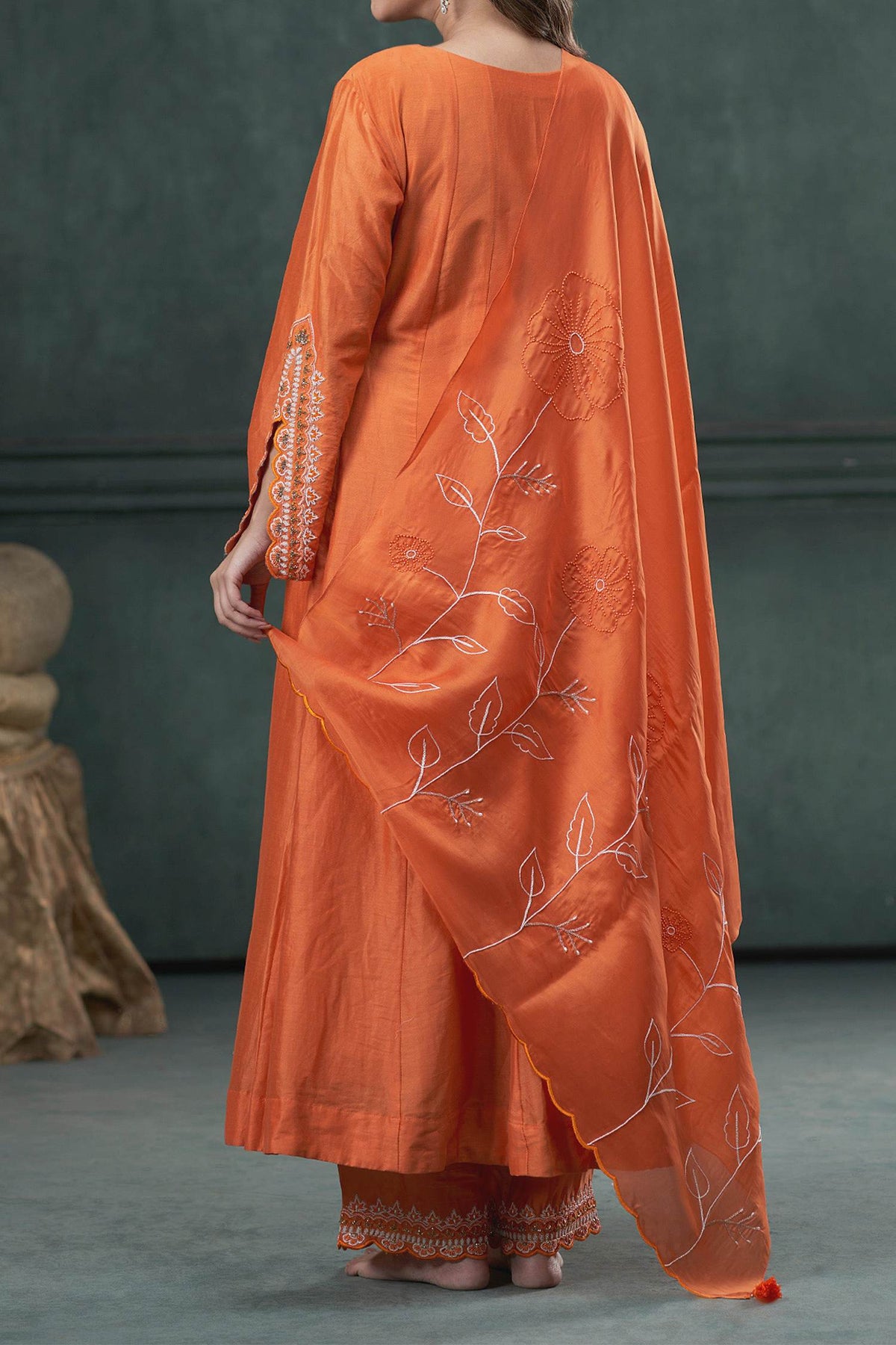 Shop Hirika &amp; Dhruti Orange Anarkali And Pant Silk, Dupatta Organza Thread, Moti Embroidered Set For Kids at Aza Fashions