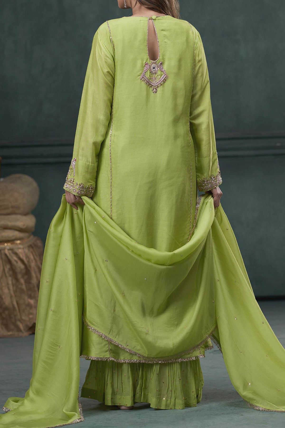 Shop Hirika &amp; Dhruti Green Dupatta Organza , Kurta And Sharara Chiniya Embroidered Set For Kids at Aza Fashions
