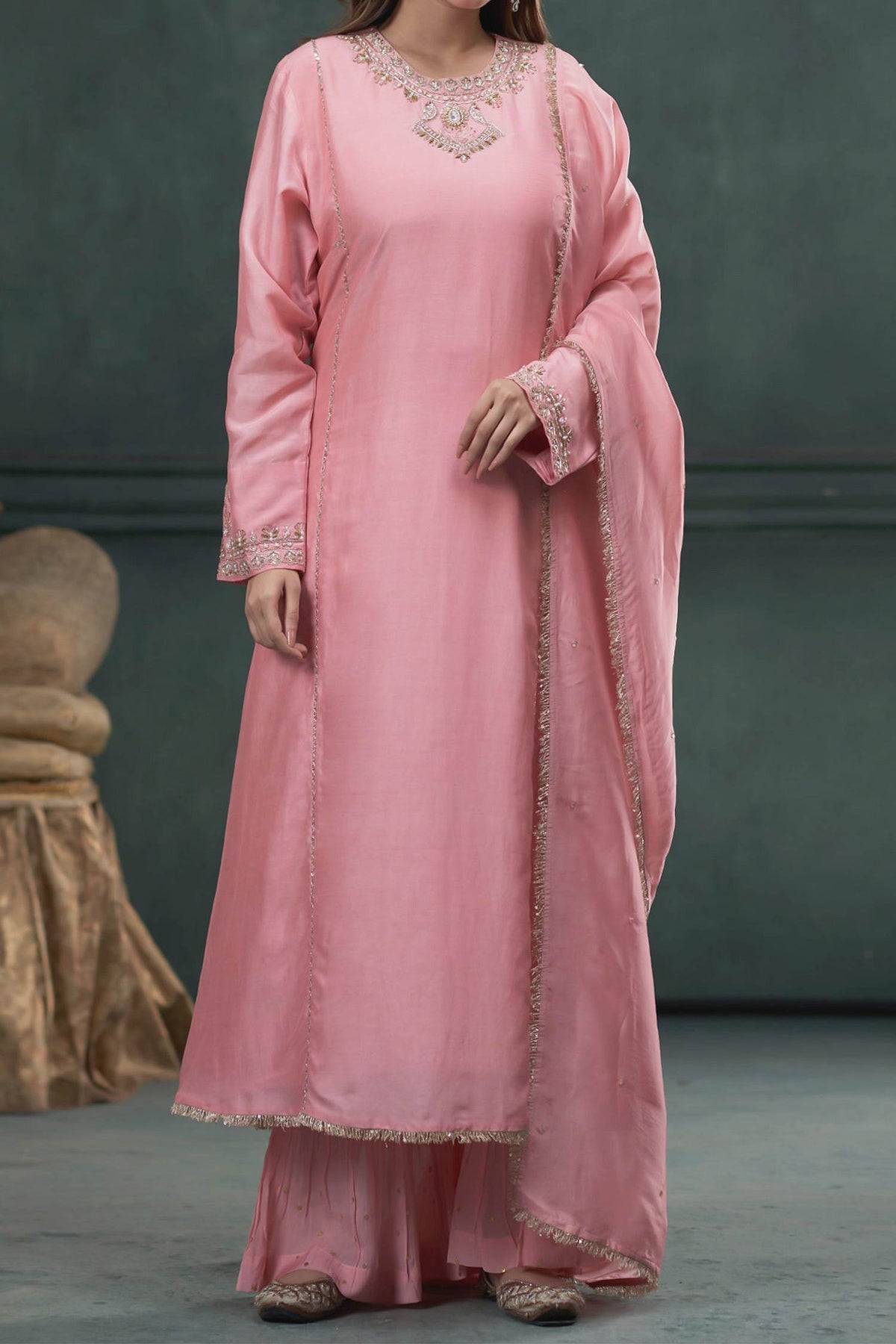 Shop Hirika &amp; Dhruti Pink Dupatta Organza , Kurta And Sharara Chiniya Bird Embroidered Set For Kids at Aza Fashions