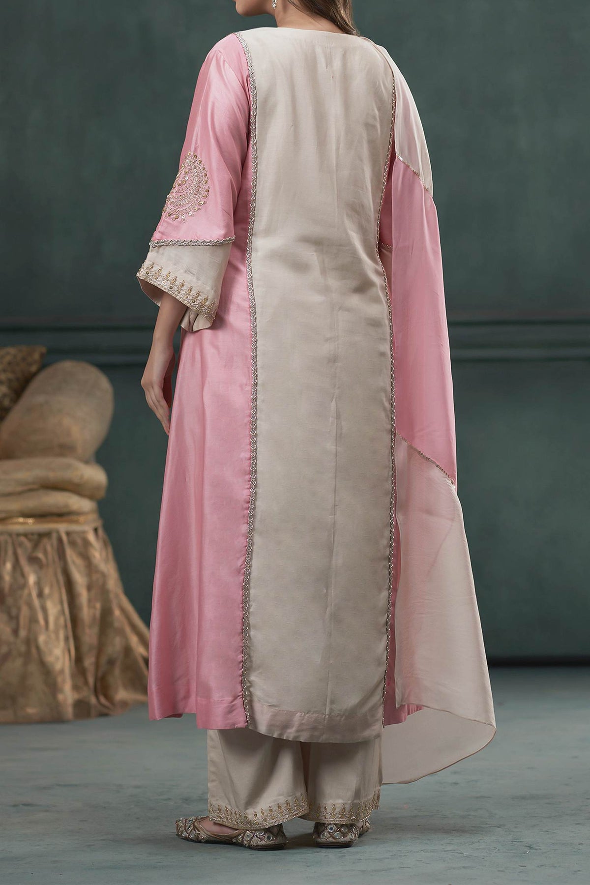 Shop Hirika &amp; Dhruti Beige Dupatta Organza, Kurta Silk, Pant Cotton Marodi Work Embroidered Set For Kids at Aza Fashions