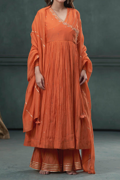 Shop Hirika &amp; Dhruti Orange Chanderi Tikki Embroidered Anagrakha Anarkali Sharara Set For Kids at Aza Fashions
