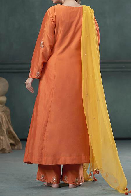 Shop Hirika &amp; Dhruti Yellow Kurta And Pant Silk, Dupatta Georgette &amp; Chiffon Marodi Work Set For Kids at Aza Fashions