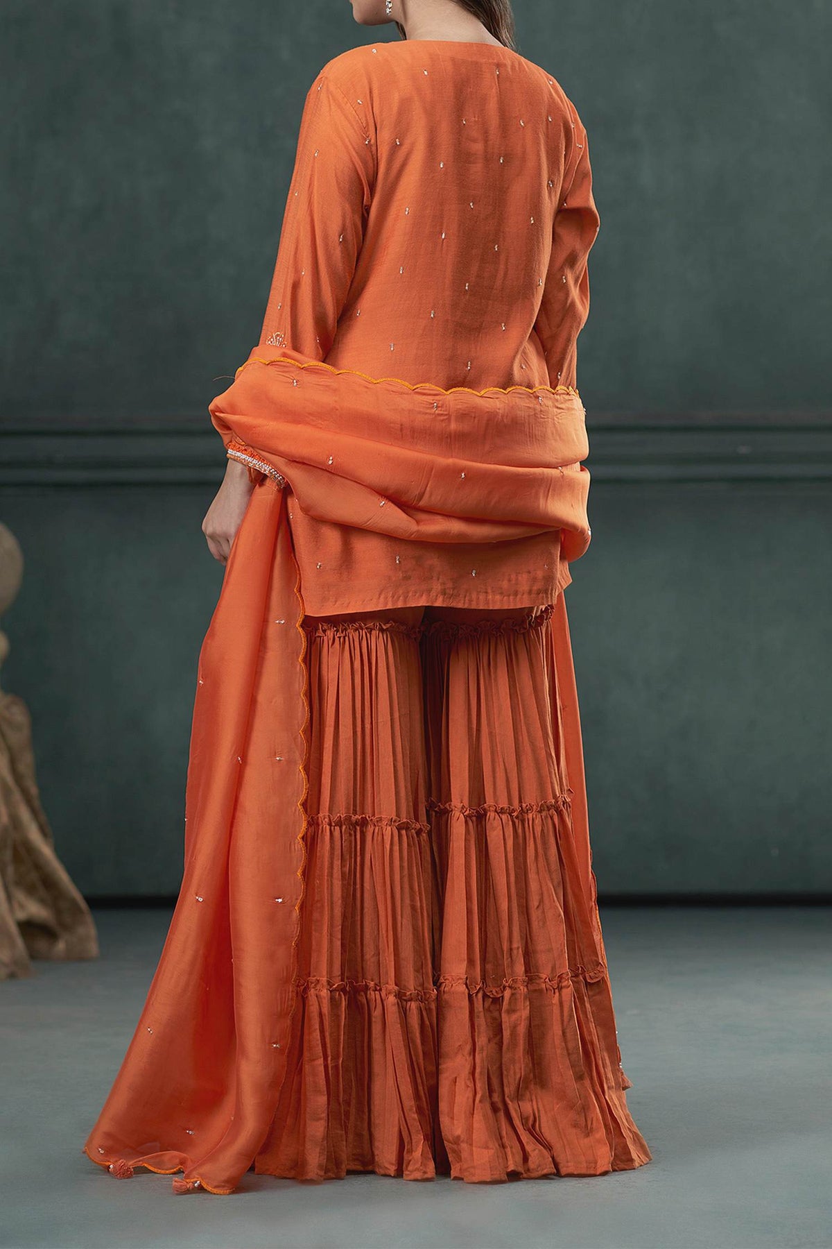 Shop Hirika &amp; Dhruti Orange Dupatta Organza Silk, Kurta And Sharara Floral Embroidered Short Set For Kids at Aza Fashions