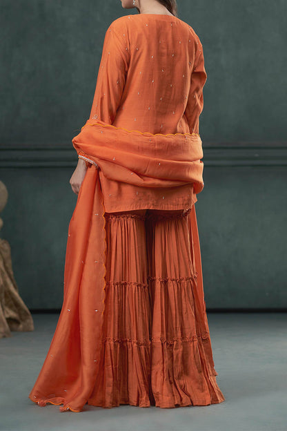 Shop Hirika &amp; Dhruti Orange Dupatta Organza Silk, Kurta And Sharara Floral Embroidered Short Set For Kids at Aza Fashions
