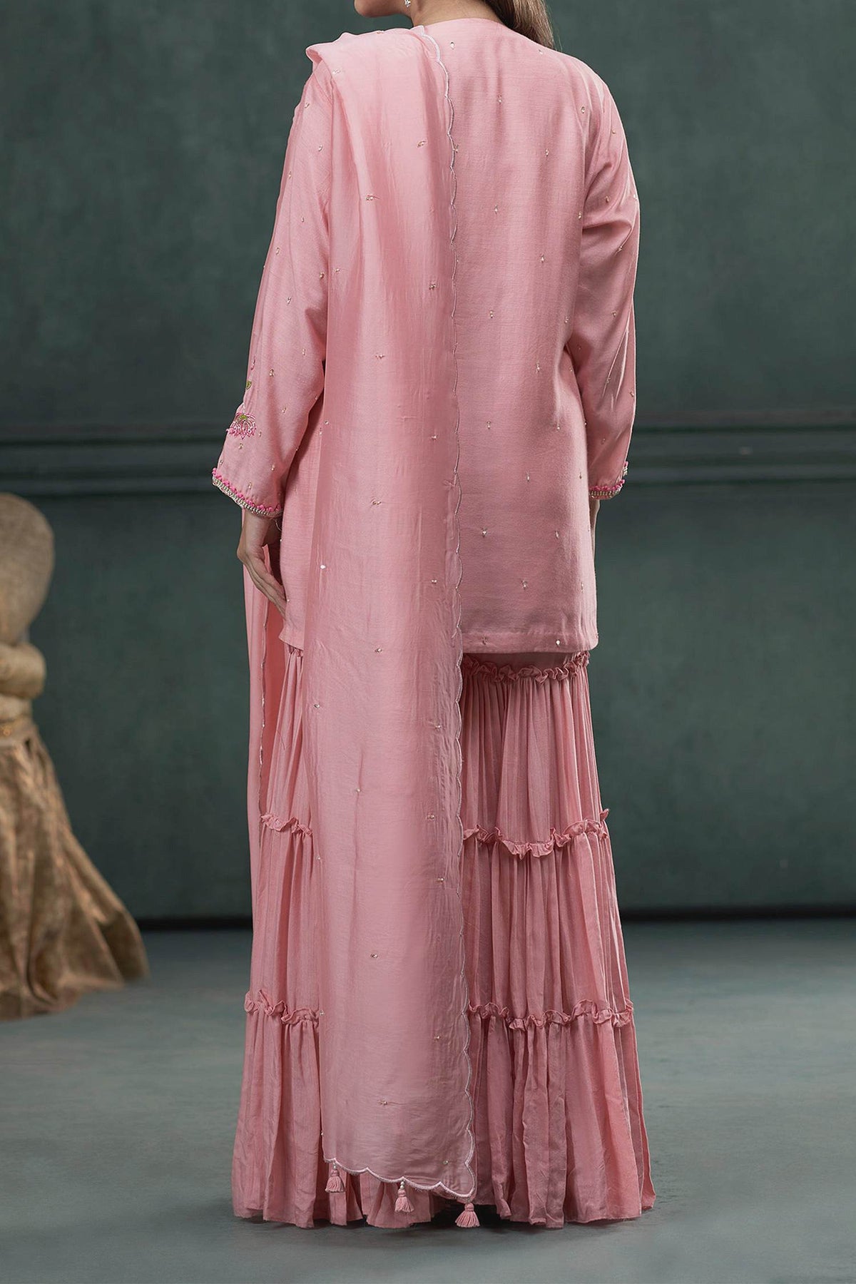 Shop Hirika &amp; Dhruti Pink Dupatta Organza Silk, Kurta And Sharara Floral Embroidered Short Set For Kids at Aza Fashions