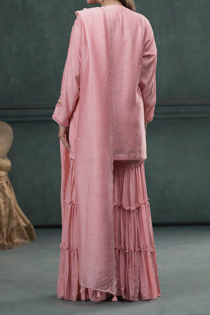 Shop Hirika &amp; Dhruti Pink Dupatta Organza Silk, Kurta And Sharara Floral Embroidered Short Set For Kids at Aza Fashions
