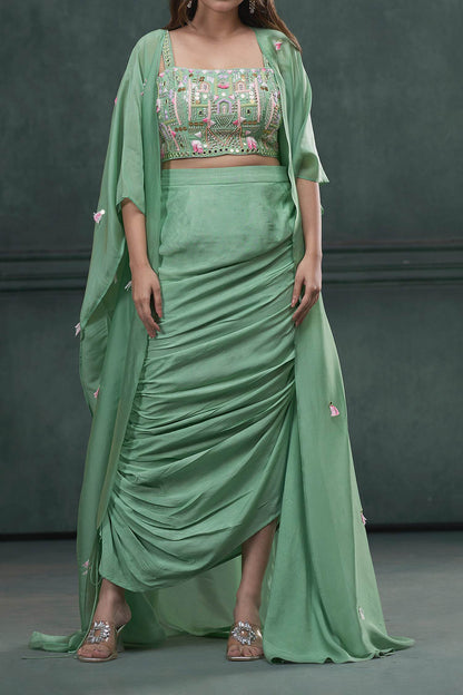 Shop Hirika &amp; Dhruti Green Jacket Silk Organza, Blouse And Skirt Tassel Embroidered Draped Set For Kids at Aza Fashions