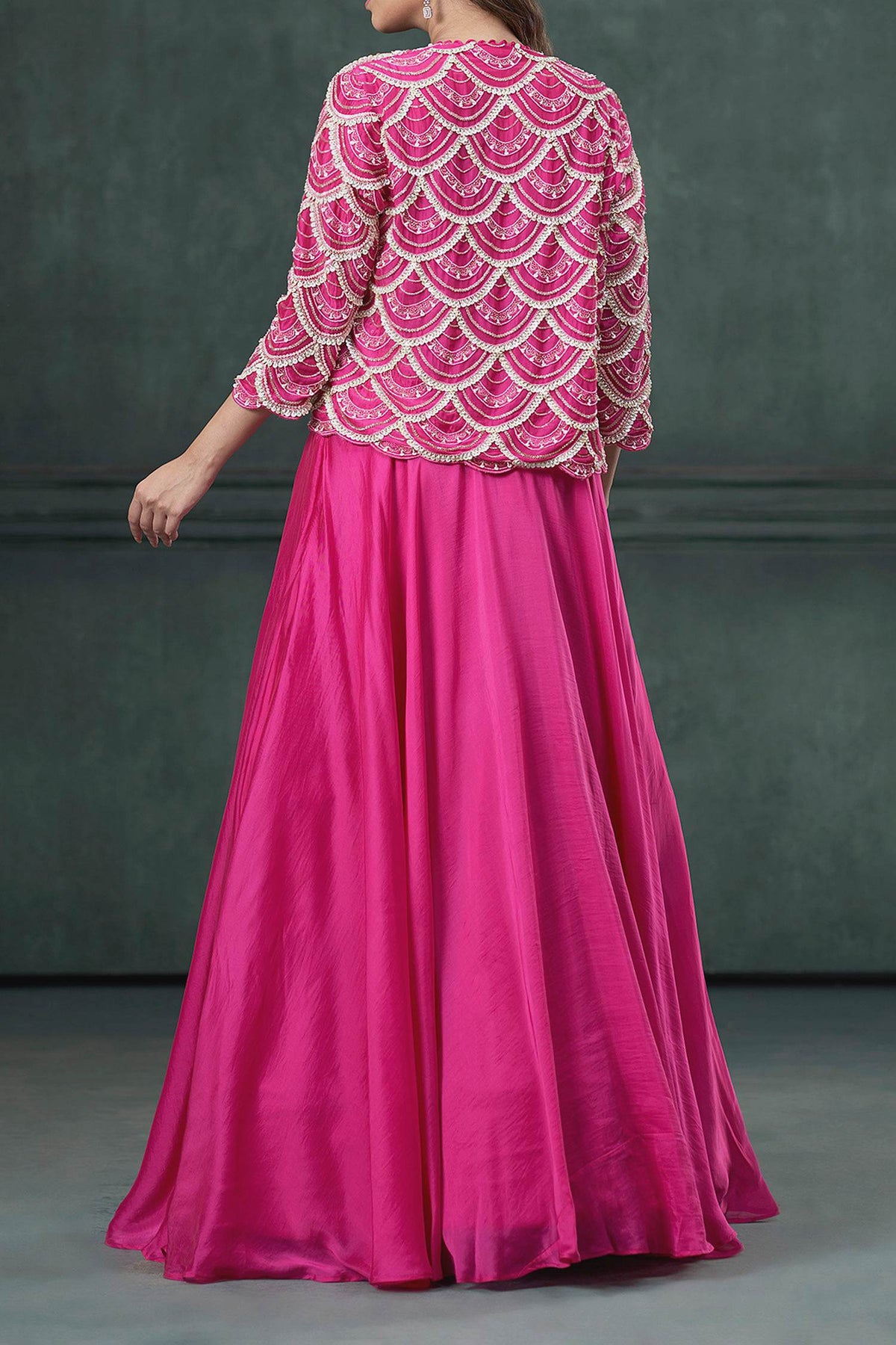 Shop Hirika &amp; Dhruti Pink Organza Silk Sequin, Thread Embroidered Short Jacket Lehenga Set For Kids at Aza Fashions