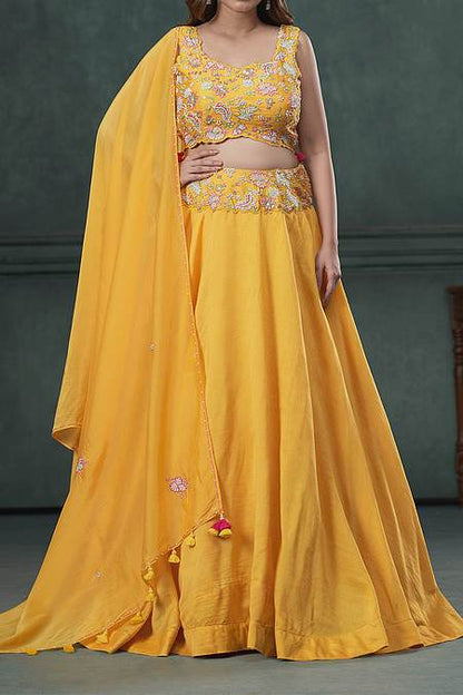 Shop Hirika &amp; Dhruti Yellow Dupatta Organza , Lehenga And Blouse Embroidered Flared Set For Kids at Aza Fashions