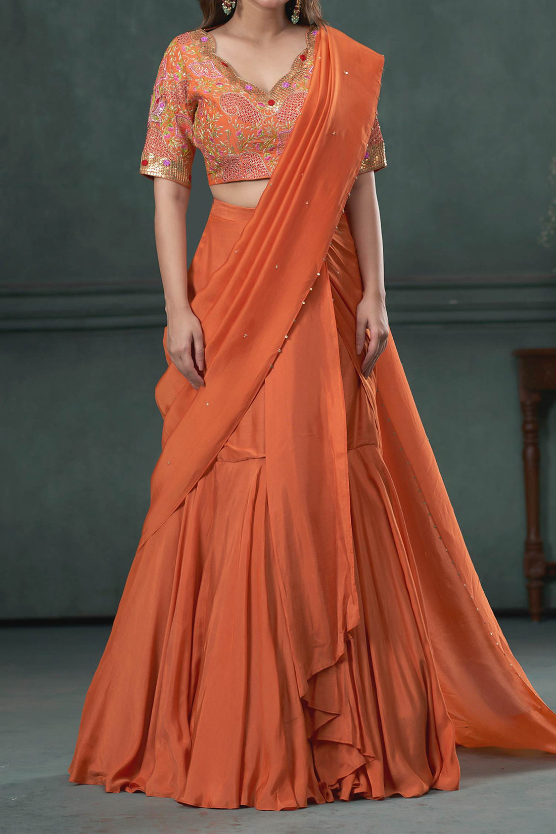 Shop Hirika &amp; Dhruti Orange Ghagra And Blouse Cotton Silk, Drape Embroidered Pre-draped Saree Set For Kids at Aza Fashions