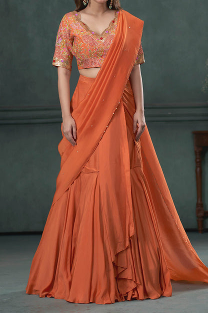 Shop Hirika &amp; Dhruti Orange Ghagra And Blouse Cotton Silk, Drape Embroidered Pre-draped Saree Set For Kids at Aza Fashions