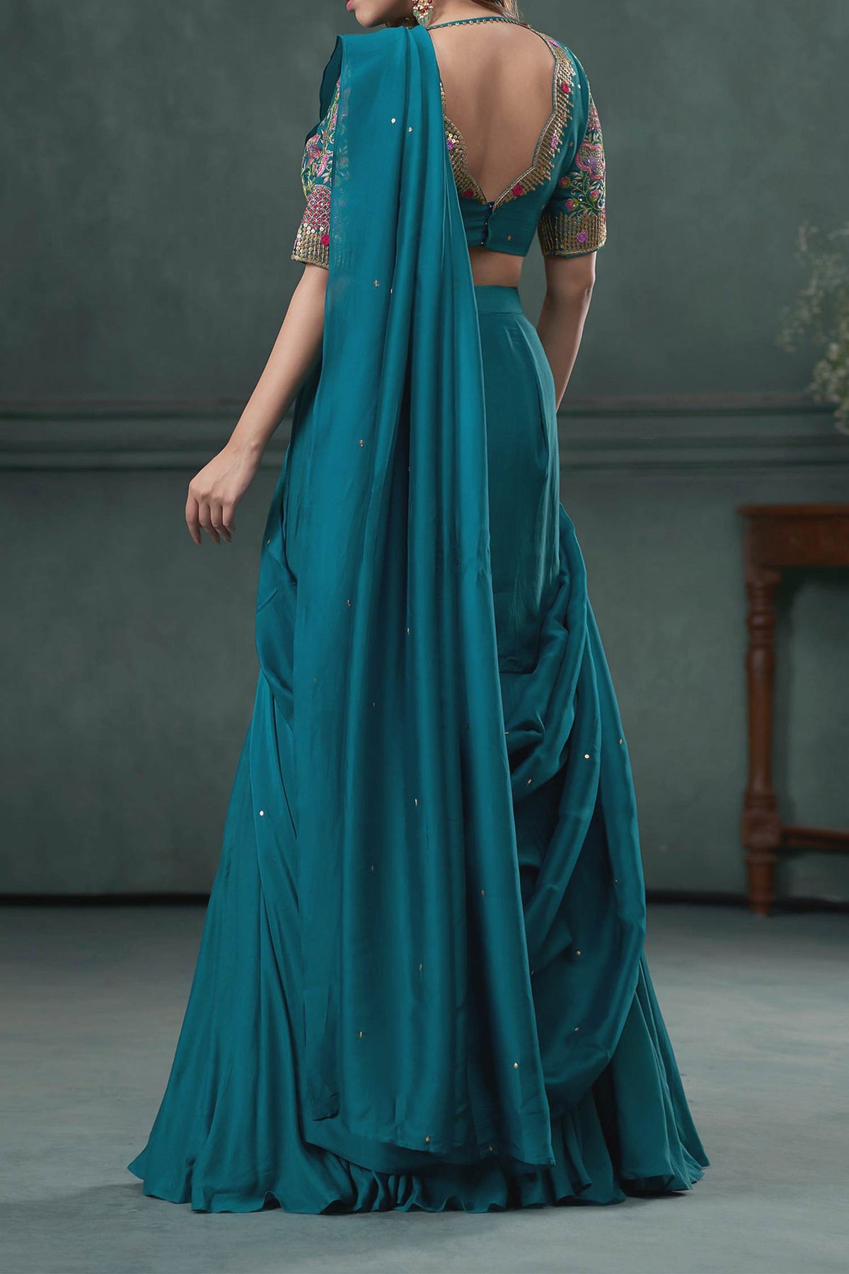 Shop Hirika &amp; Dhruti Green Ghagra And Blouse Cotton Silk, Drape Embroidered Pre-draped Saree Set For Kids at Aza Fashions