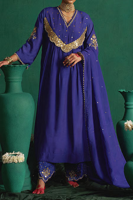 Blue Metal Tikki Work Kurta Set For Kids