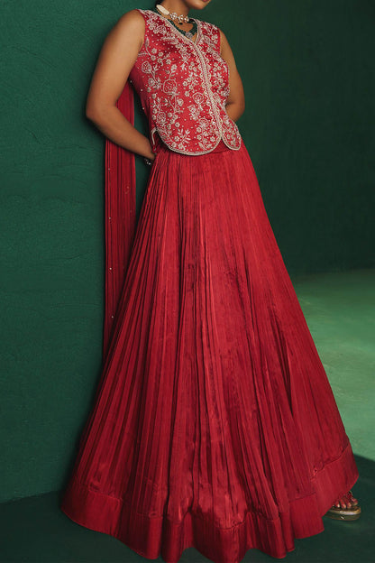 Shop Hirika &amp; Dhruti Red Moti Embroidered Fusion Lehenga Set For Kids at Aza Fashions
