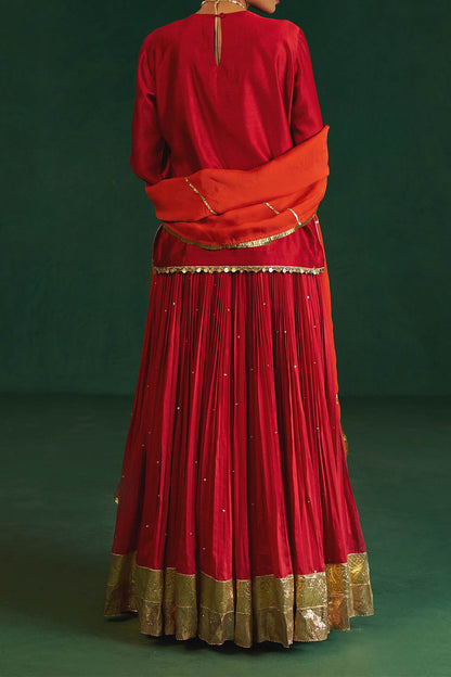 Shop Hirika &amp; Dhruti Red Hand Embroidered Kurta Lehenga Set For Kids at Aza Fashions