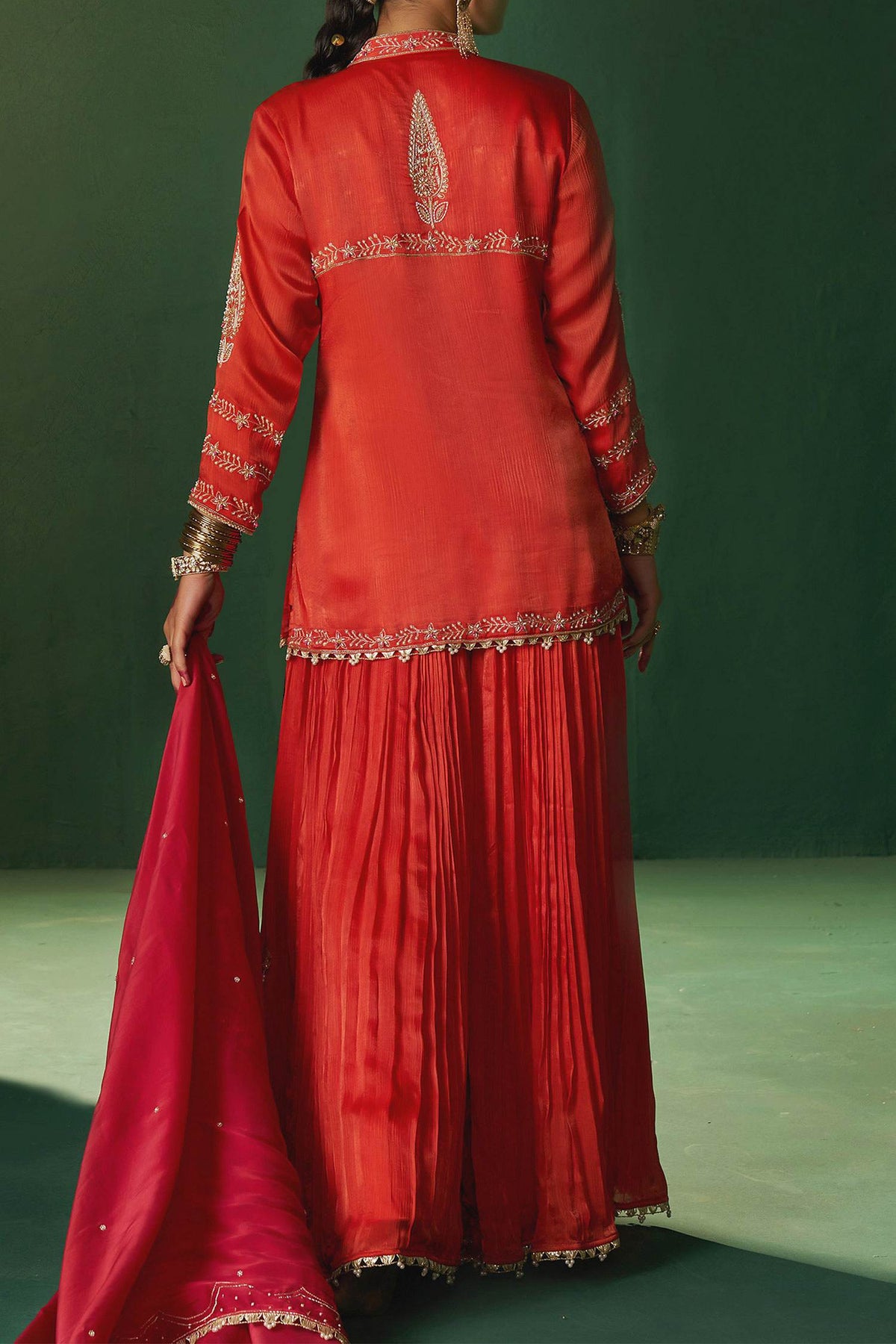 Hirika &amp; Dhruti Red Moti Embroidered Kurta Set With Sharara For Kids